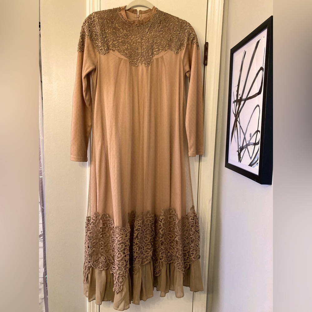 Dainty Jewells Taupe Maxi Dress with Lace Trim